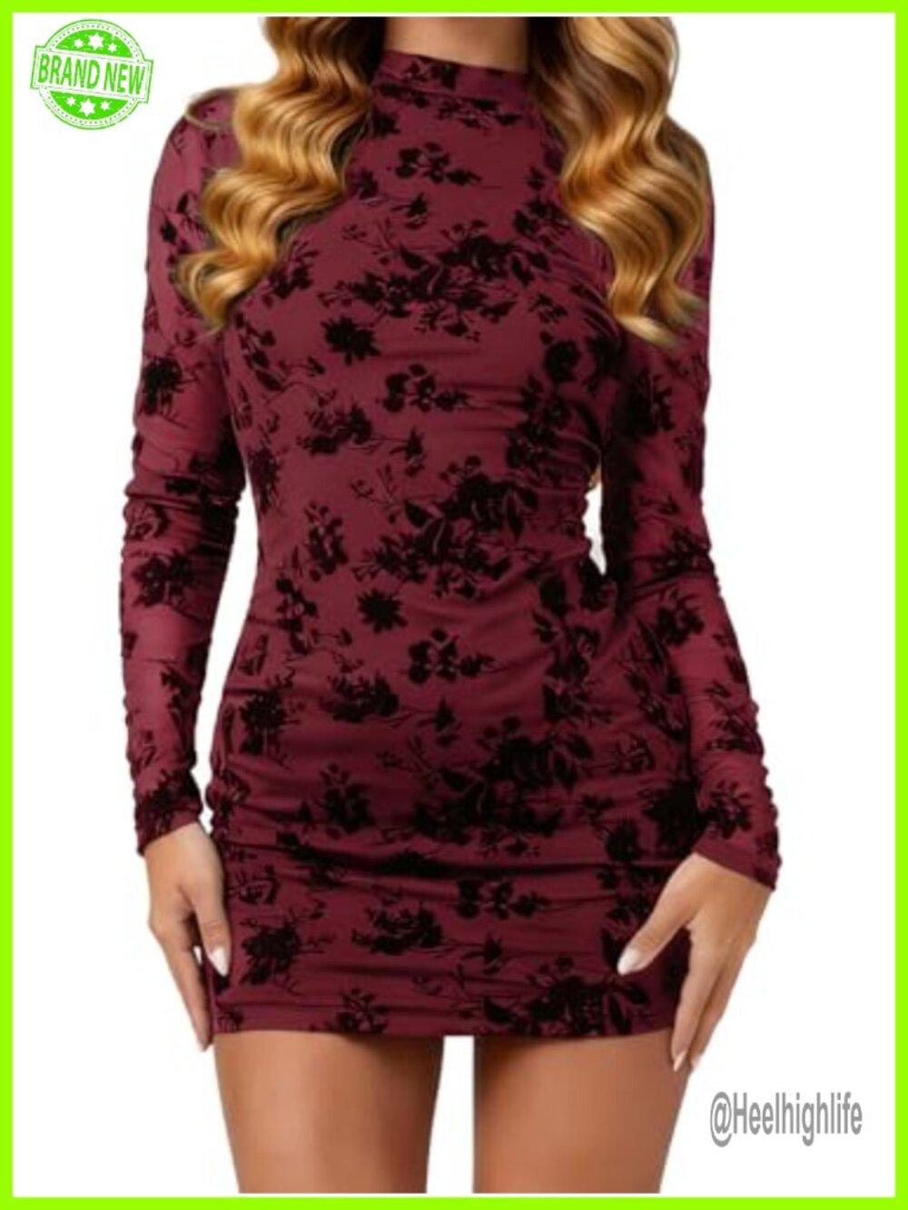 Mock Neck Floral Mesh Long Sleeve Bodycon Mini Club Dress